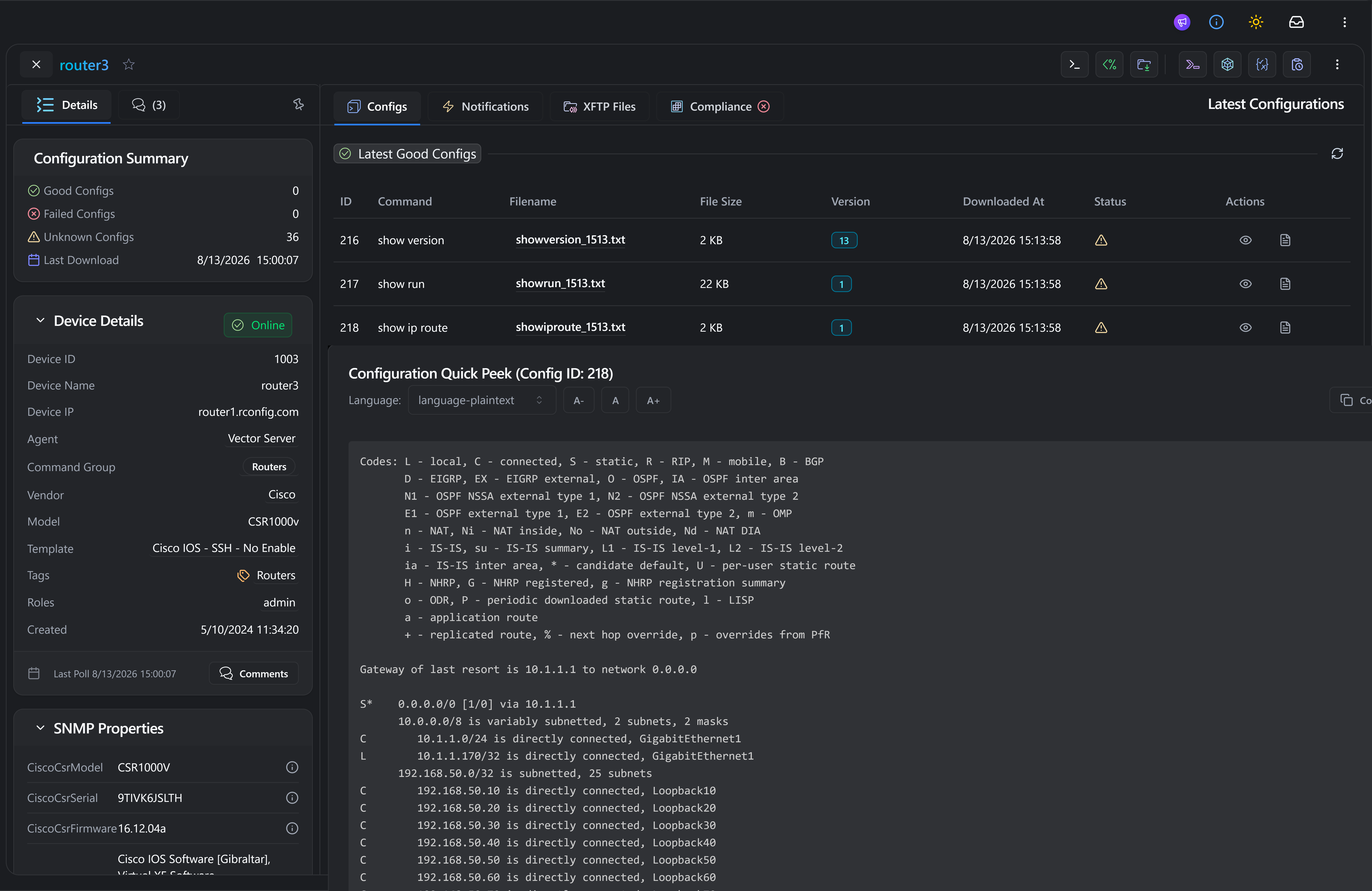 rConfig configuration summary showing saved config backups, versions, and download history for a device