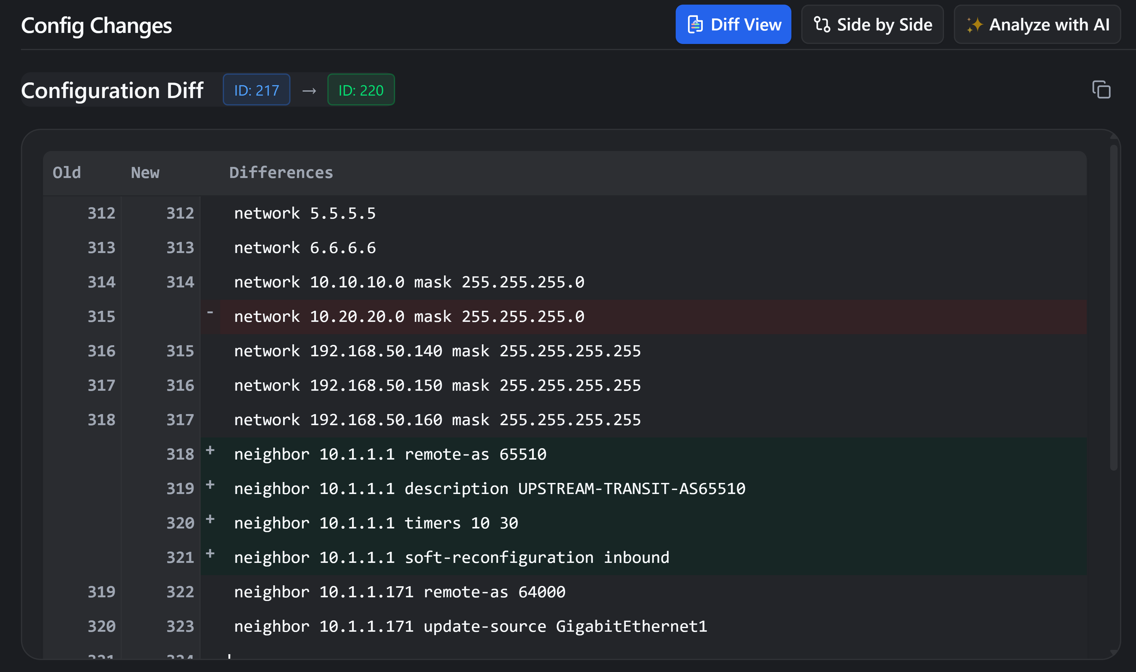 rConfig Change Manager dashboard showing recent configuration changes and audit history