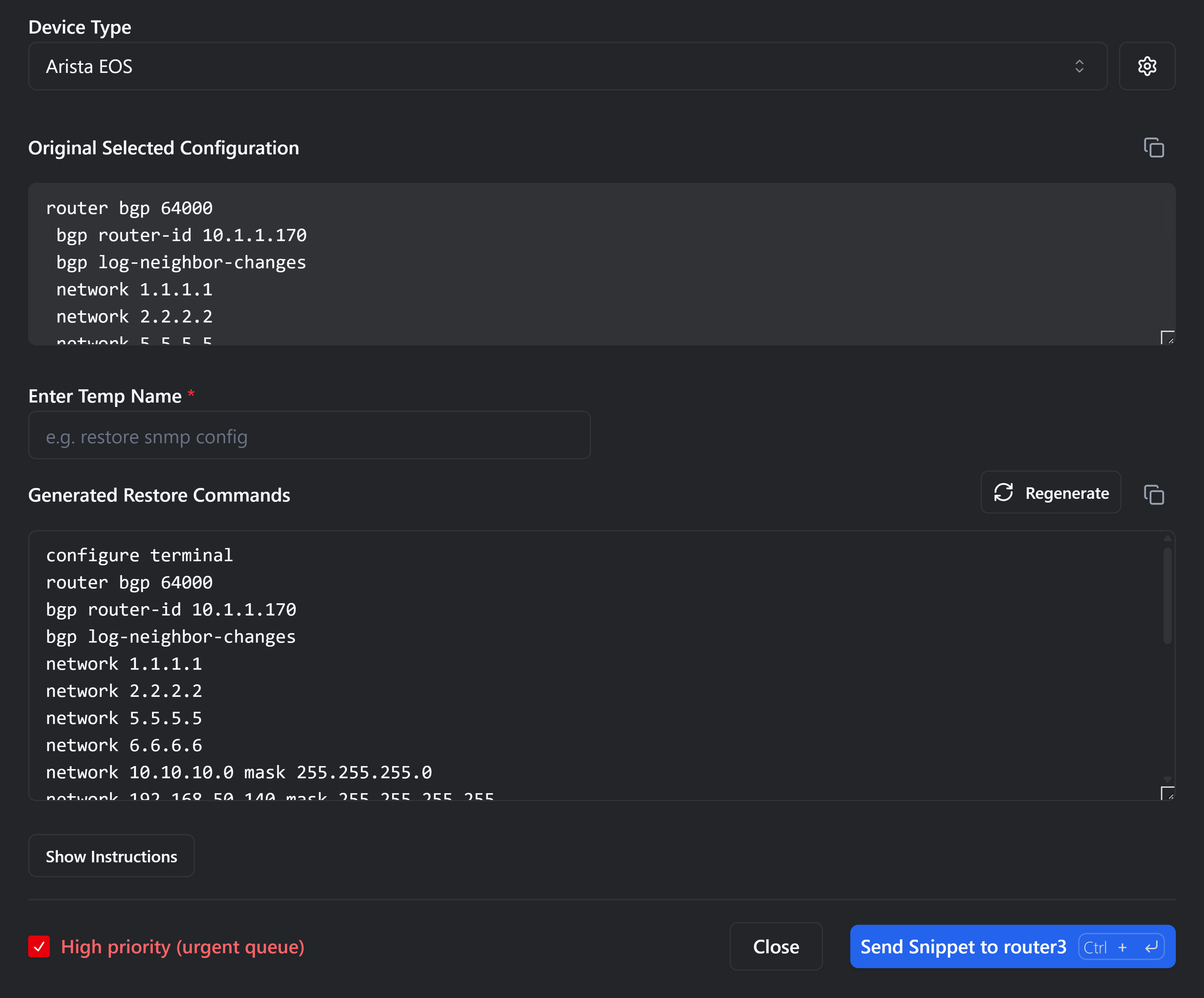 rConfig configuration diff comparing two saved versions before restoring a previous config