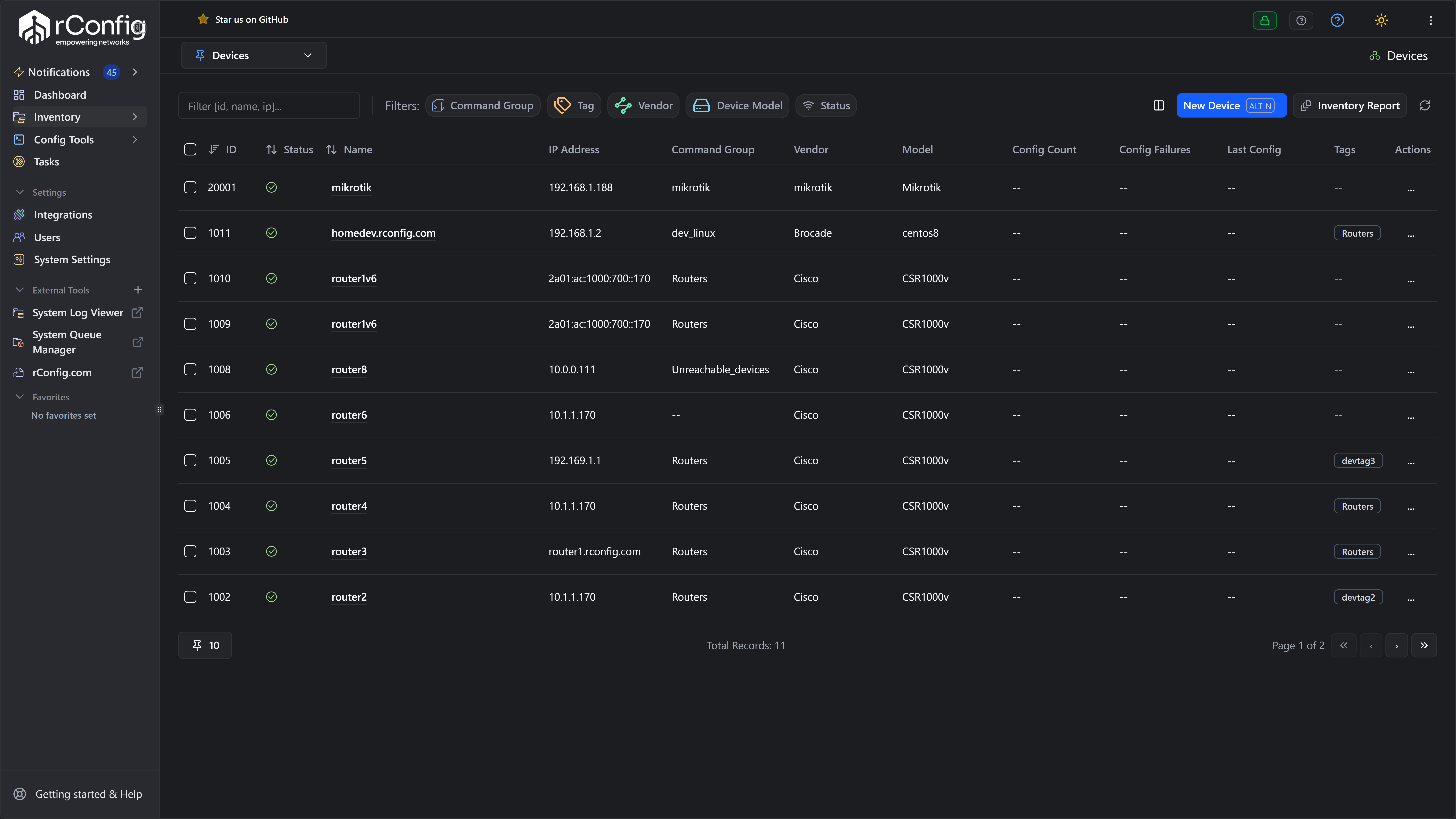 rConfig V8 Core device inventory dashboard showing multi-vendor network configuration backups across Cisco, MikroTik and Brocade devices