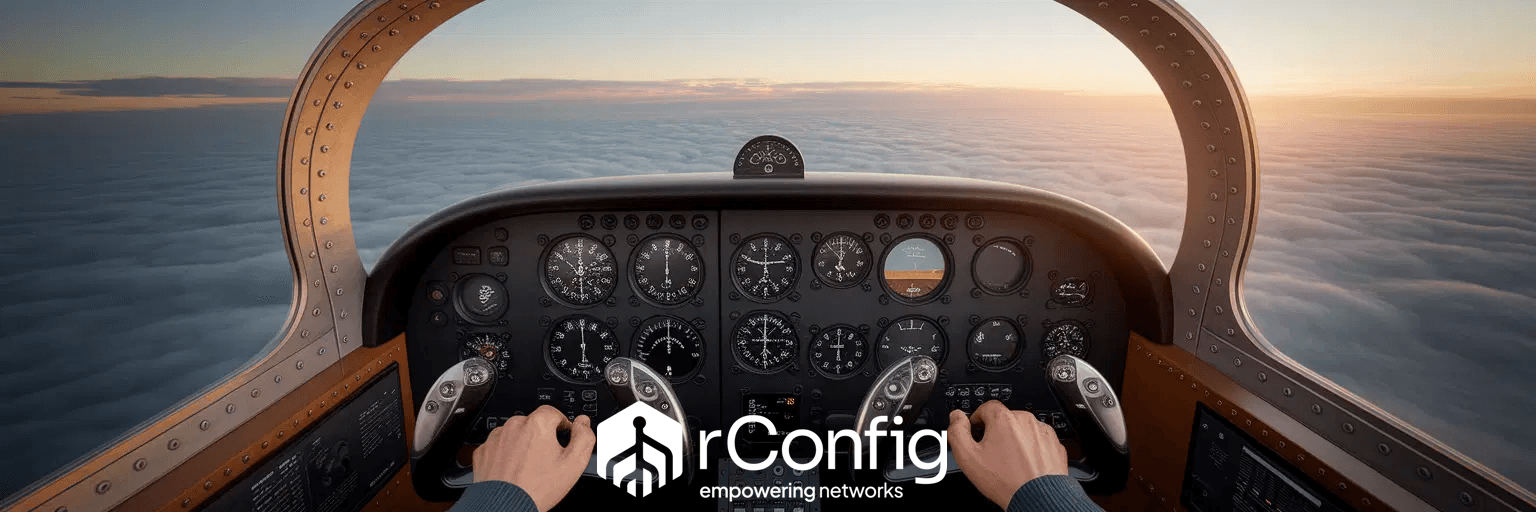 Cockpit view over clouds at sunrise, with hands on plane controls. Instrument dials are visible. Text reads "rConfig, empowering networks." Calm tone.