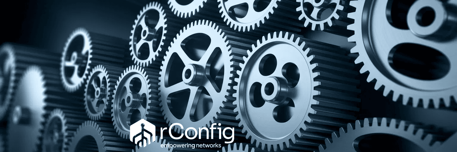 Close-up of interlocking steel gears conveying precision and teamwork. The rConfig logo with the tagline 'empowering networks' is in the foreground.