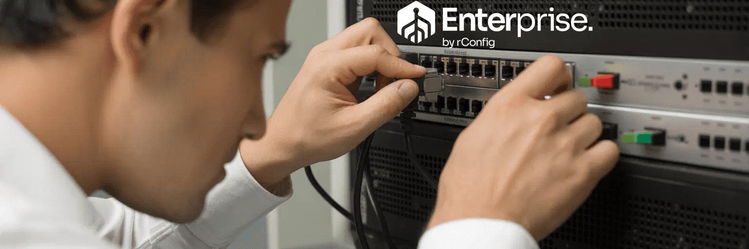 A person in a white shirt adjusts cables on a network server, reflecting focus and precision. The image promotes "Enterprise by rConfig."