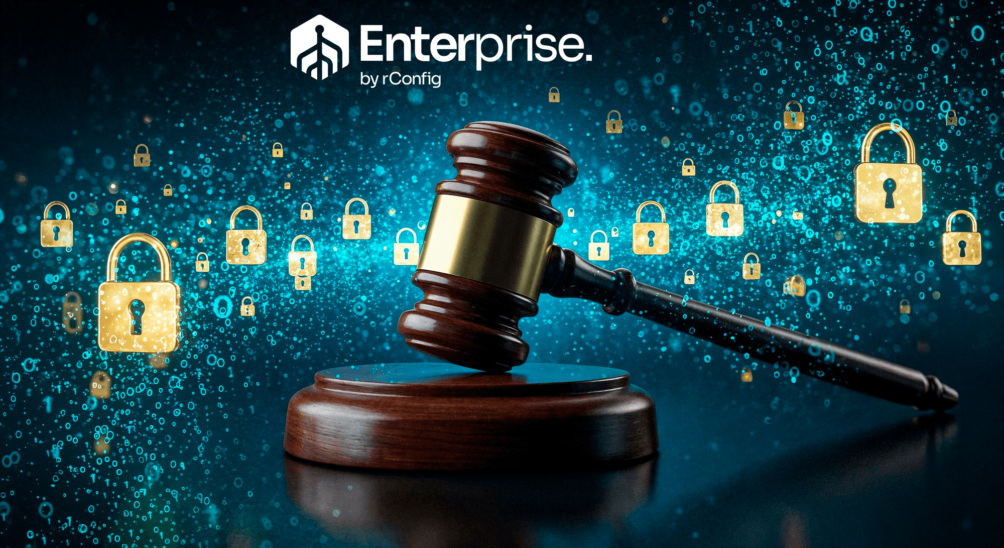 A judge's gavel on a dark surface is surrounded by digital padlock icons, symbolizing cybersecurity. The text "Enterprise by rConfig" appears at the top.