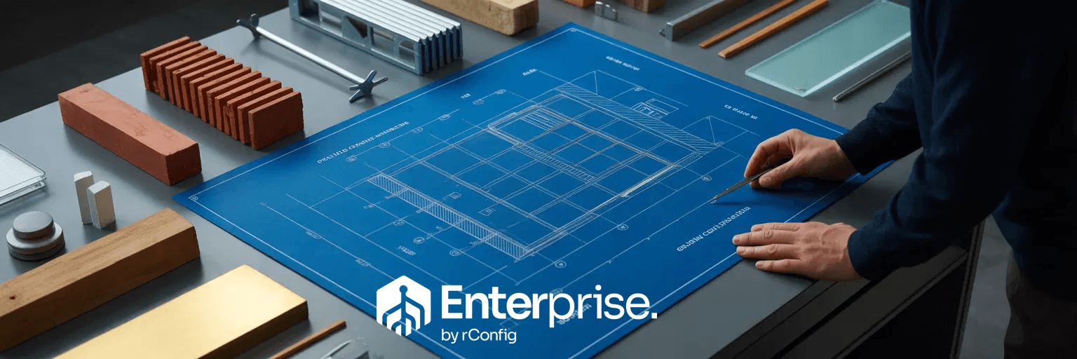 A person examines a detailed architectural blueprint on a table surrounded by materials and tools. The logo "Enterprise by rConfig" appears prominently.