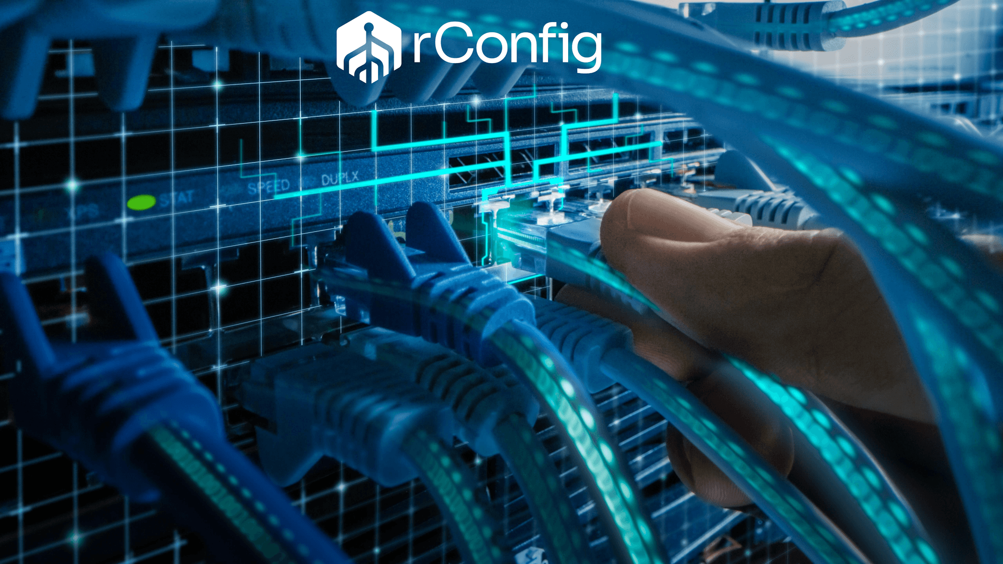 A hand connects a blue Ethernet cable to a network rack with glowing LEDs, conveying technology and connectivity. "rConfig" logo is visible at the top.