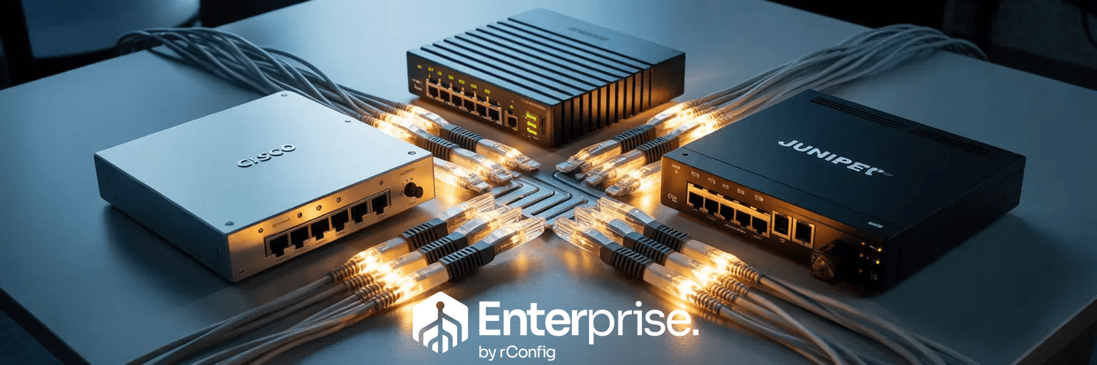 Four networking switches connected by glowing ethernet cables form a square on a table. Logos of Cisco and Juniper are visible, with the text "Enterprise by rConfig" below.