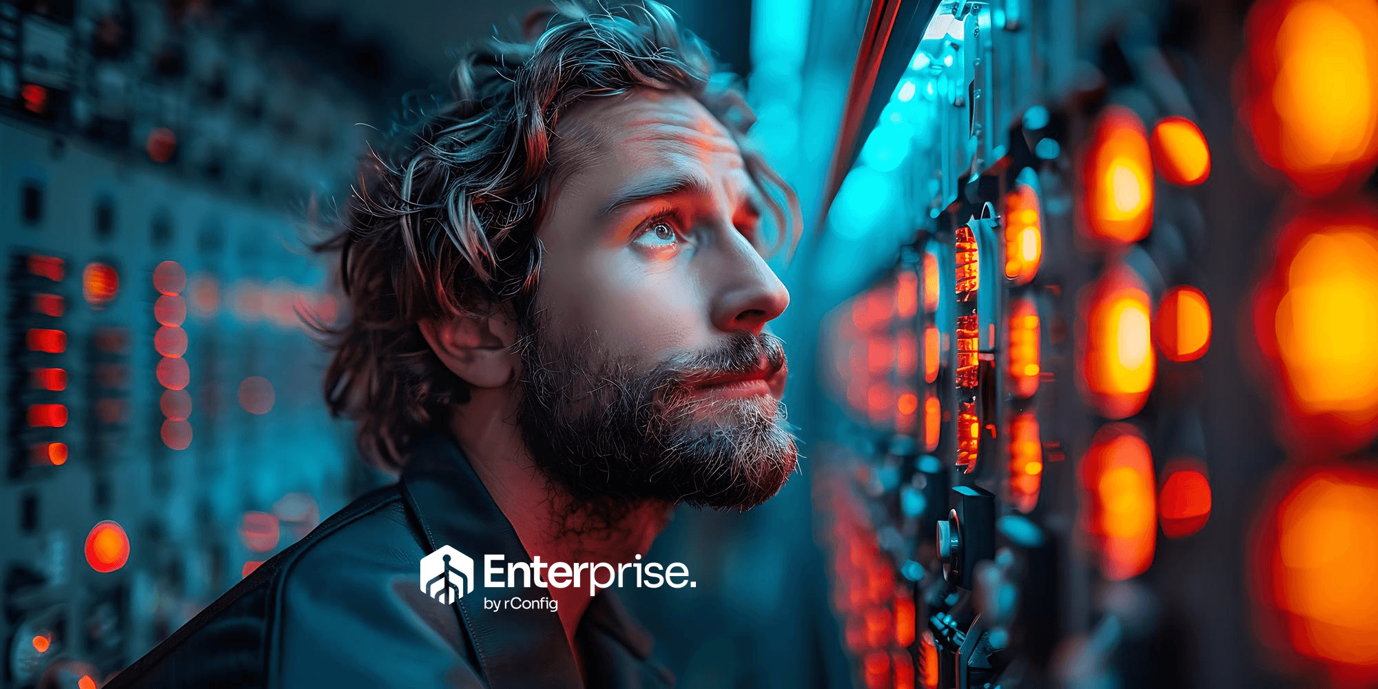 A man with a beard and curly hair looks thoughtfully at a glowing control panel in a dimly lit room. The scene is framed by orange and blue lights. A logo reads “Enterprise by Config.” The mood is focused and contemplative.