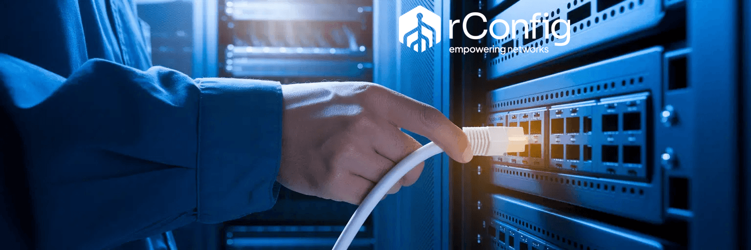 Hand connecting a network cable to a server rack in a dimly lit room, with blue tones conveying a tech-focused, professional atmosphere. "rConfig" logo in corner.
