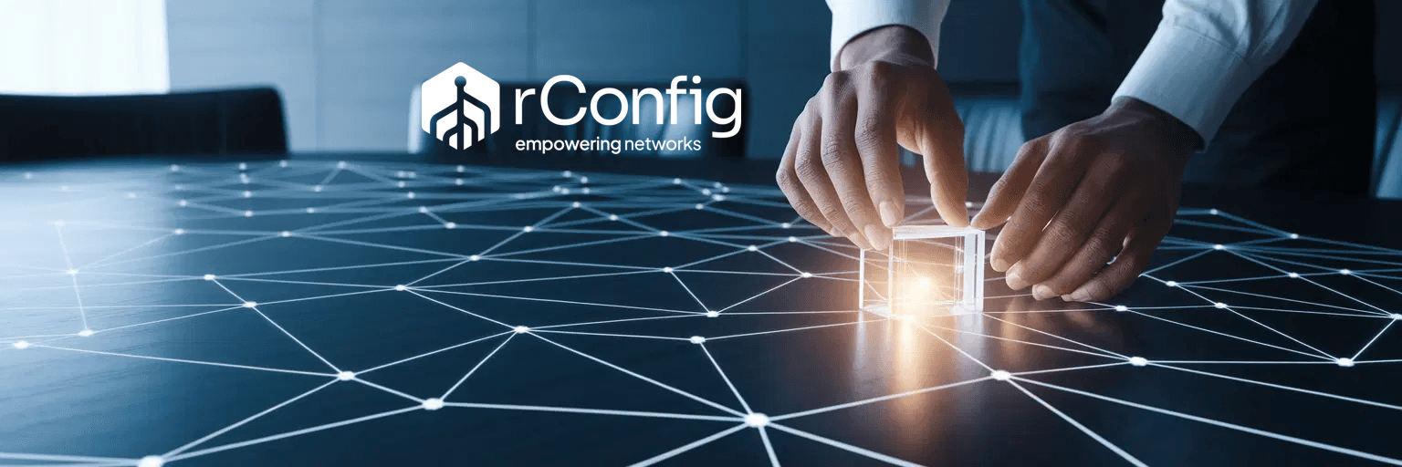 Businessman's hands placing a glowing cube on a black table with a network of connected dots, symbolizing technology and connectivity. Text: "rConfig empowering networks."