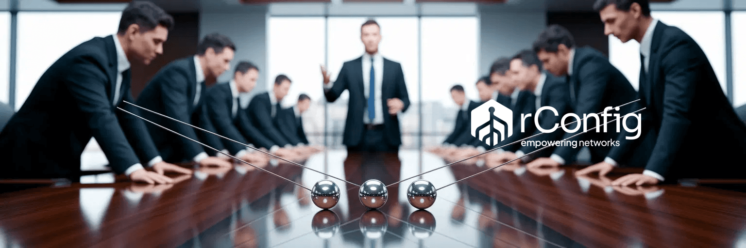 A business meeting with serious men in suits around a table. A leader gestures while a Newton's cradle signifies dynamics. Text reads, "rConfig empowering networks."