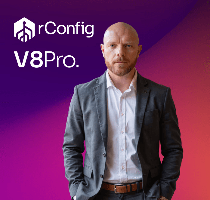 A man in a gray suit stands confidently against a purple and orange gradient background. The text reads "rConfig V8 Pro" at the top left.