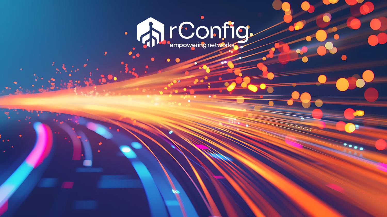 Vibrant digital illustration of colorful streaks and circles against a deep blue background. The rConfig logo, text reads "empowering networks." Energetic and dynamic.