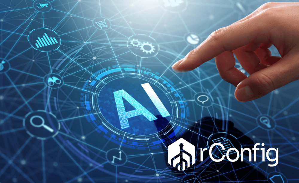 A hand reaches towards a digital network with a central "AI" symbol surrounded by icons and nodes, conveying advanced technology and connectivity, with "rConfig" text below.