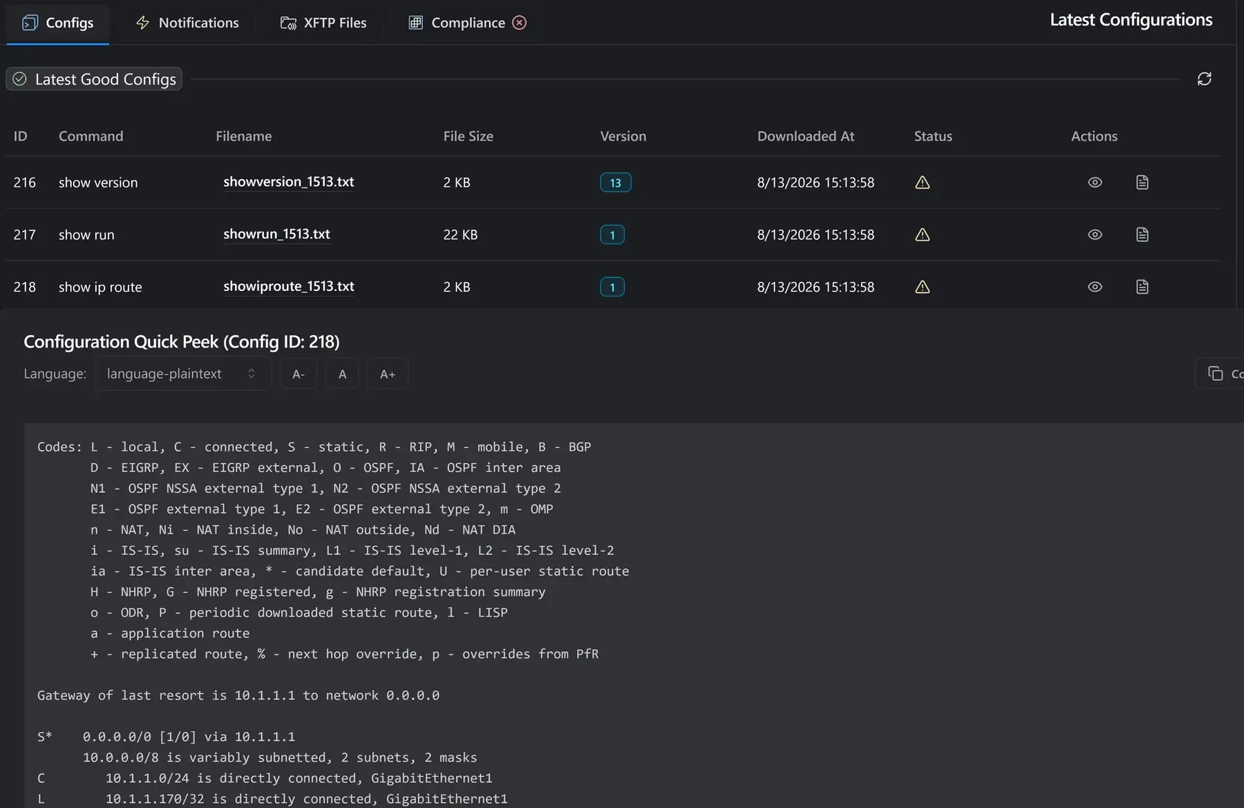 rConfig V8 interface showing configuration backups, device details and saved network configurations