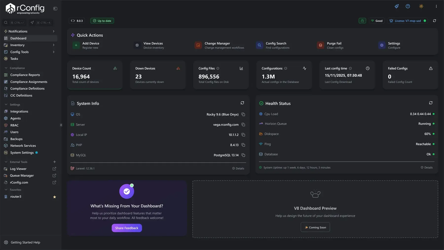 Network configuration management dashboard view