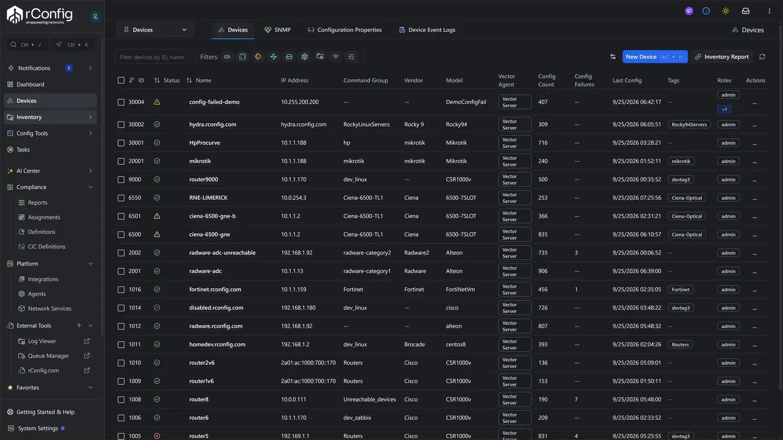 rConfig device inventory view listing managed devices with vendor, model, config count, and status