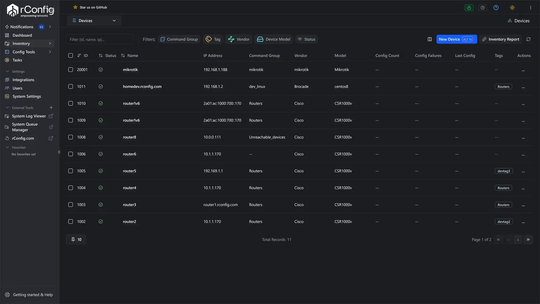 rConfig V8 Core device inventory dashboard showing multi-vendor network configuration backups across Cisco, MikroTik and Brocade devices