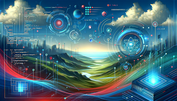 A digital landscape with a city and many colorful circles
