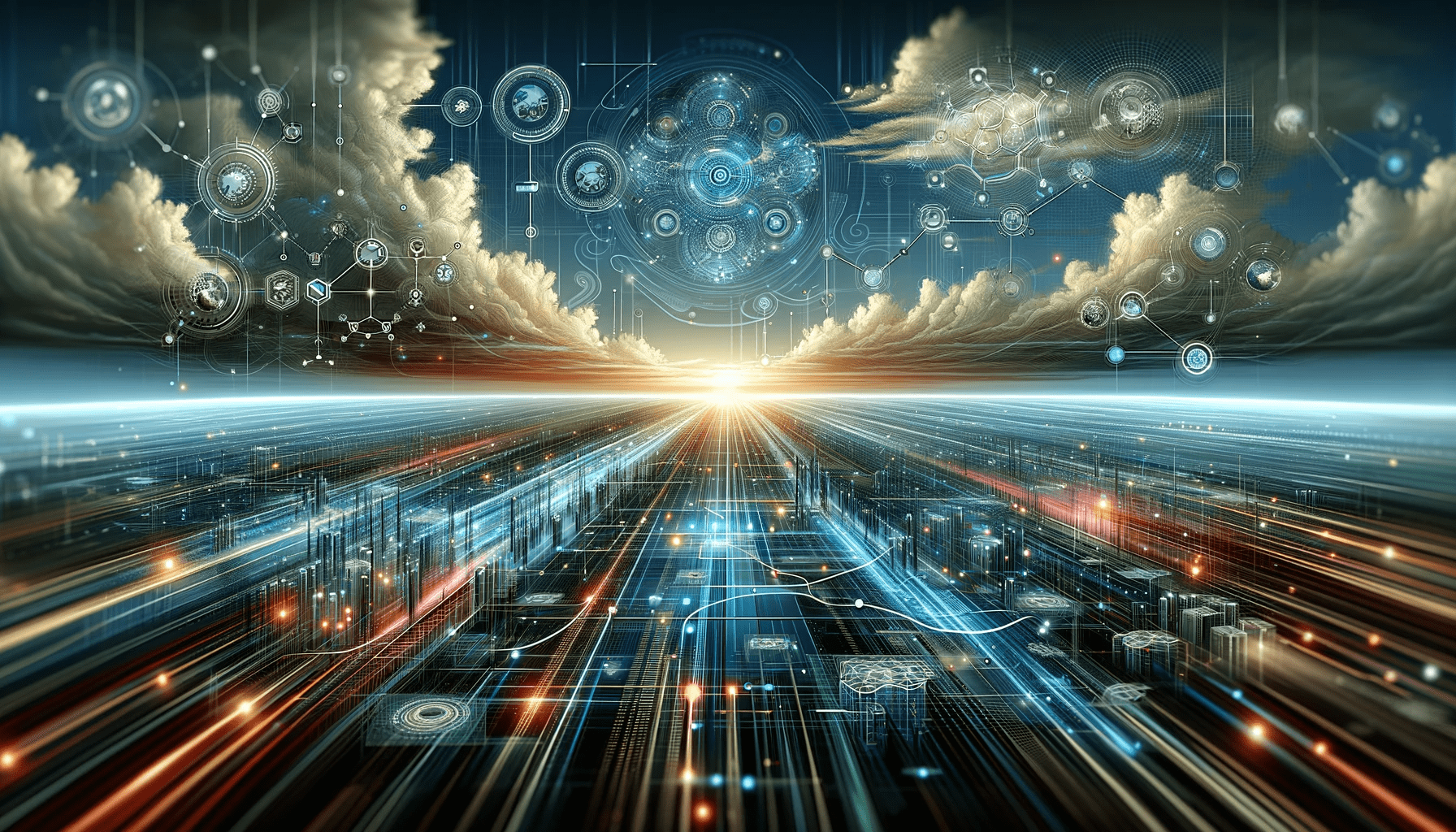 Futuristic digital network landscape symbolizing rConfig's role in network management.