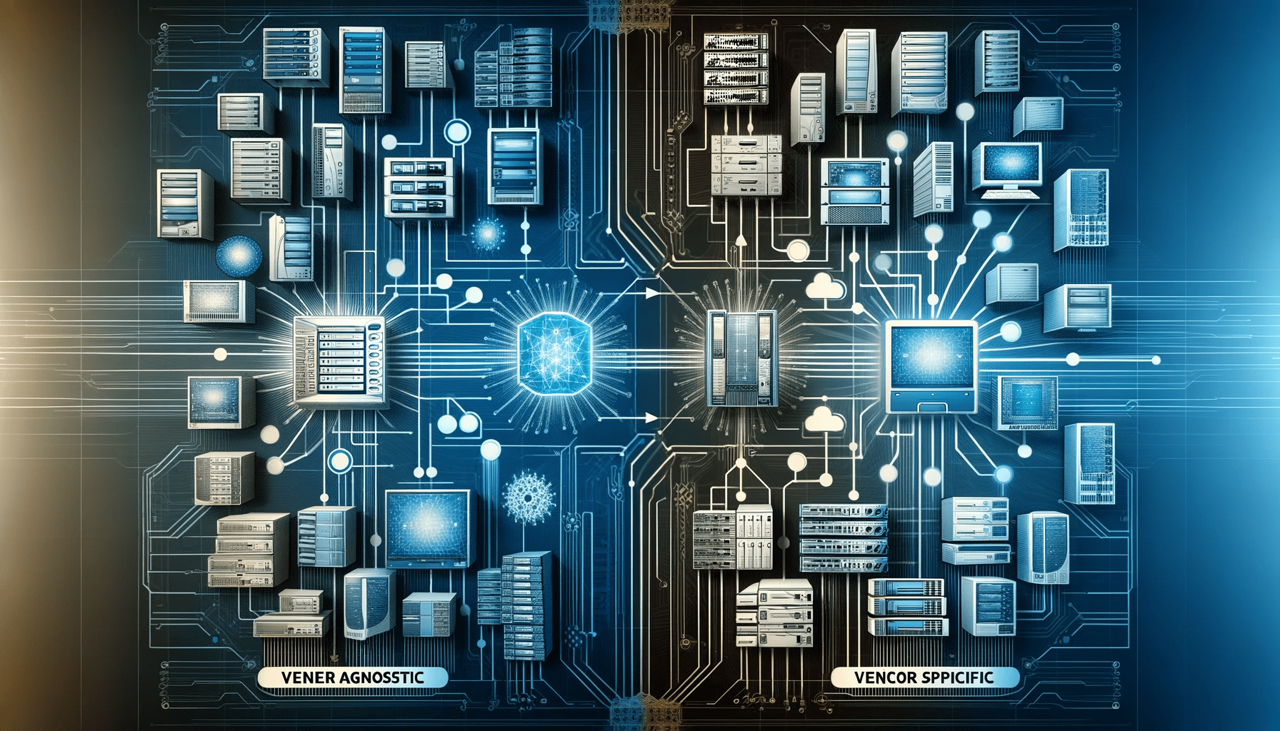 Abstract illustration showing the contrast in network management between diverse, interconnected devices in vendor agnostic solutions and uniform devices in vendor specific solutions.