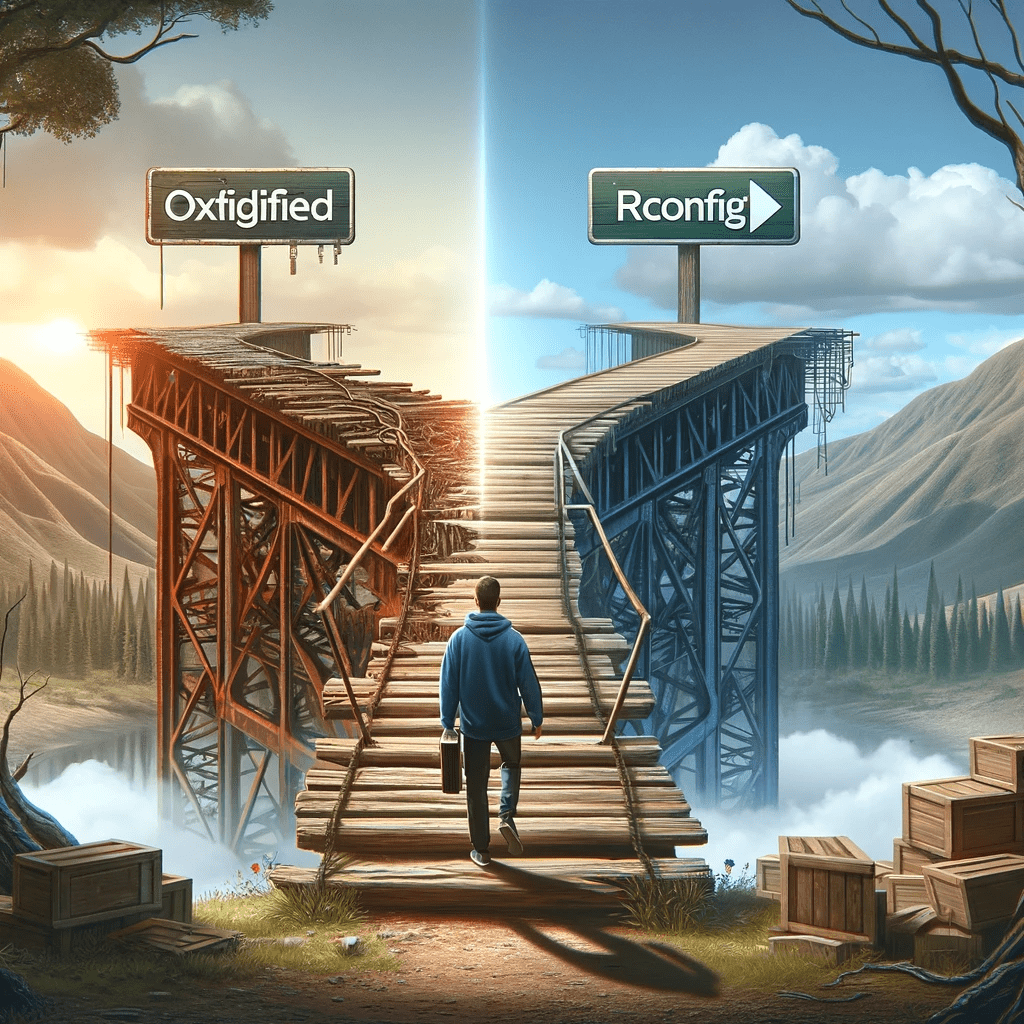 A person transitions from an old, wooden bridge labeled 'Oxidized' to a modern, steel bridge labeled 'rConfig', symbolizing the shift from legacy to cutting-edge network configuration management.