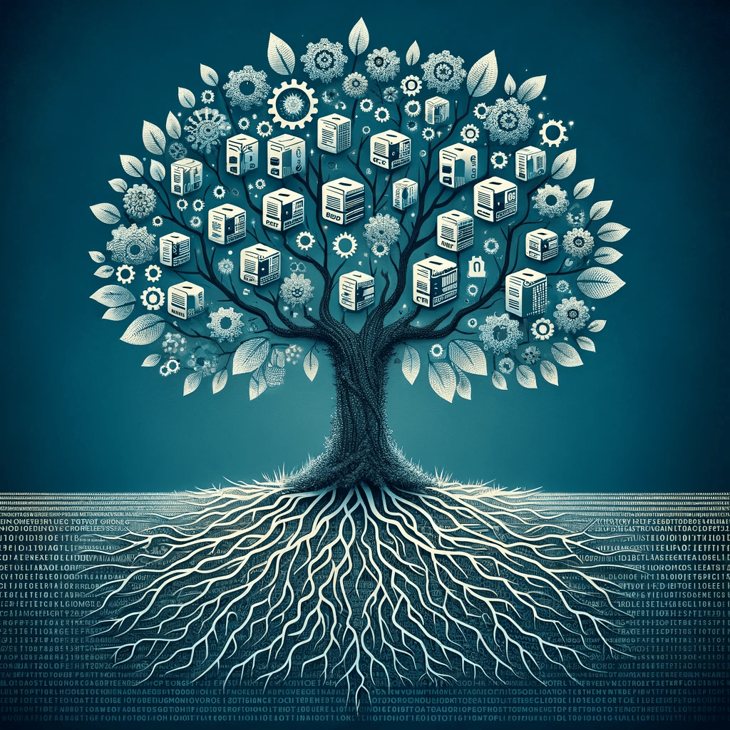 An artistic representation of a tree with branches adorned with network symbols and gears, deeply rooted in soil composed of code and binary numbers, symbolizing the robust ecosystem of open-source NCM tools