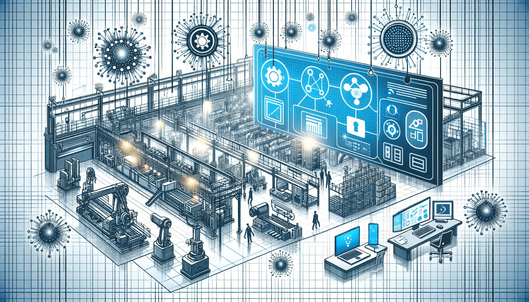  It visually represents a modern manufacturing setting with an emphasis on networked devices and digital interfaces, symbolizing advanced network configuration management.
