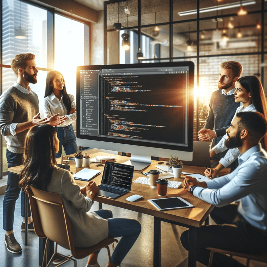Diverse team of professionals engaged in a lively discussion around a monitor displaying software code, in a well-equipped modern office, symbolizing teamwork and innovation in technology