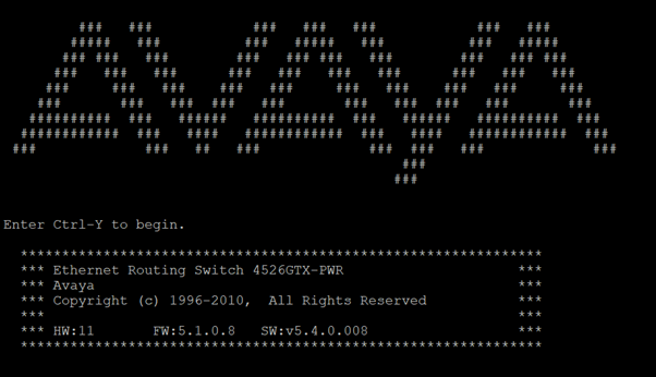 Screenshot of Avaya switch spalsh screen vty100
