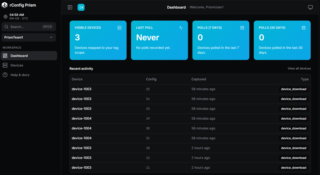 rConfig Prism customer dashboard: the devices visible to the team, the last poll, poll counts for 7 and 30 days, and a table of recent configuration activity