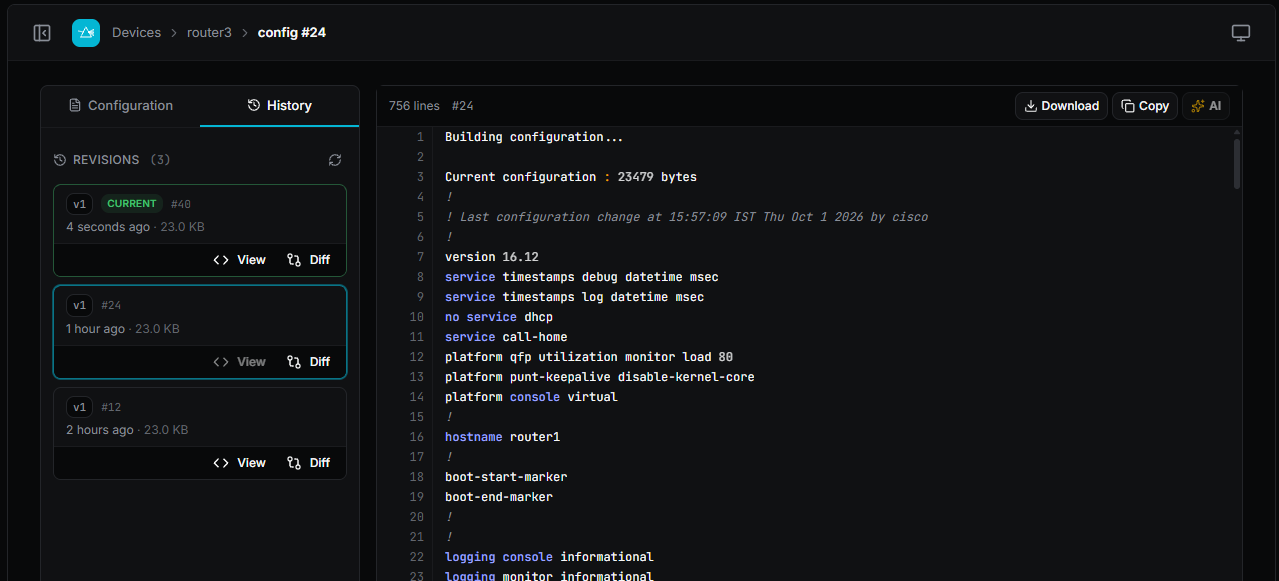 rConfig Prism configuration view: a router configuration with its list of revisions, and View and Diff buttons for each