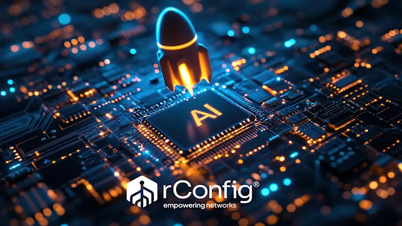 Rocket launching from a glowing AI chip on a circuit board, symbolizing innovation and technology. Text: "rConfig, empowering networks."