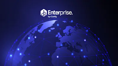 Digital globe with glowing blue network lines and dots on a dark background. "Enterprise by rConfig" is centered, suggesting global connectivity.