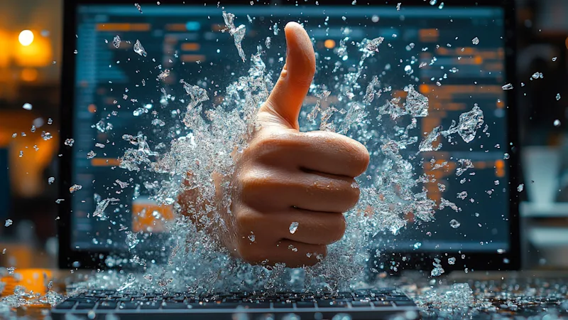A thumbs-up hand bursts through a laptop screen, surrounded by shattered glass pieces. The scene conveys a dynamic, energetic, and positive tone.