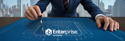 A person in a suit uses a compass on a detailed blueprint in an office overlooking a cityscape. The word "Enterprise" is prominently displayed.