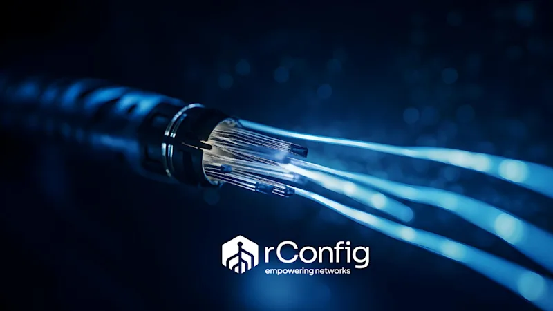 Close-up of glowing fiber optic cables with a blurred background, conveying high-tech connectivity. "rConfig: empowering networks" logo is displayed.