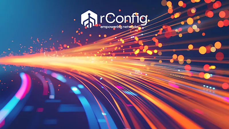 Vibrant digital illustration of colorful streaks and circles against a deep blue background. The rConfig logo, text reads "empowering networks." Energetic and dynamic.